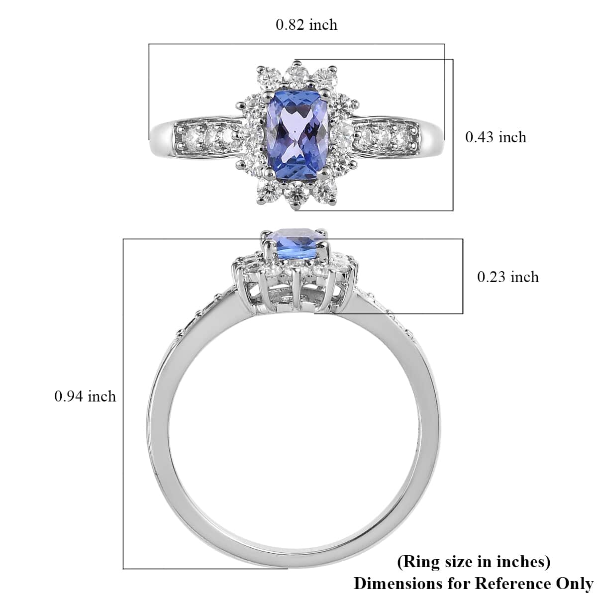 Tanzanite and Moissanite Sunburst Ring in Platinum Over Sterling Silver (Size 5.0) 0.90 ctw image number 5