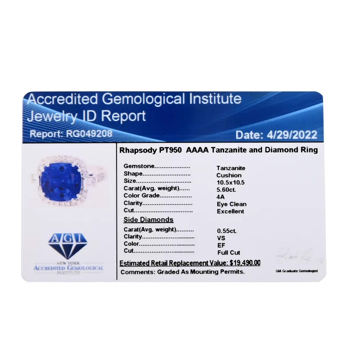 Certified & Appraised Rhapsody 950 Platinum AAAA Tanzanite and Diamond E-F VS Ring 7 Grams 6.15 ctw (Del. in 15-20 Days) image number 8