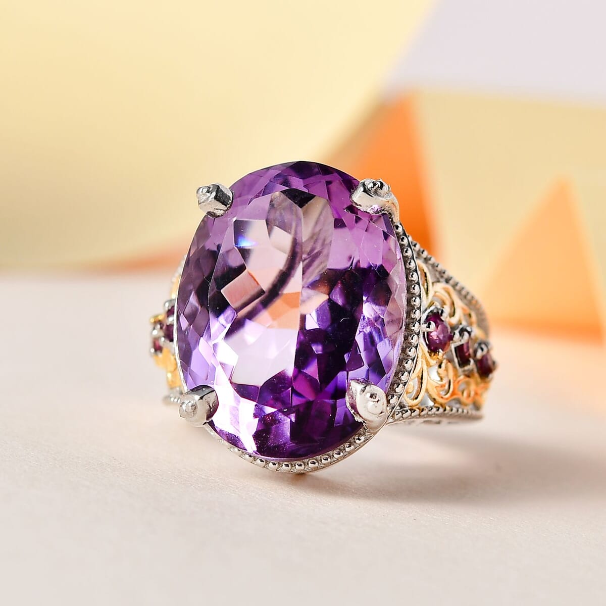 Rose De France Amethyst and Orissa Rhodolite Garnet Ring in Vermeil YG and Platinum Over Sterling Silver 15.90 ctw image number 1