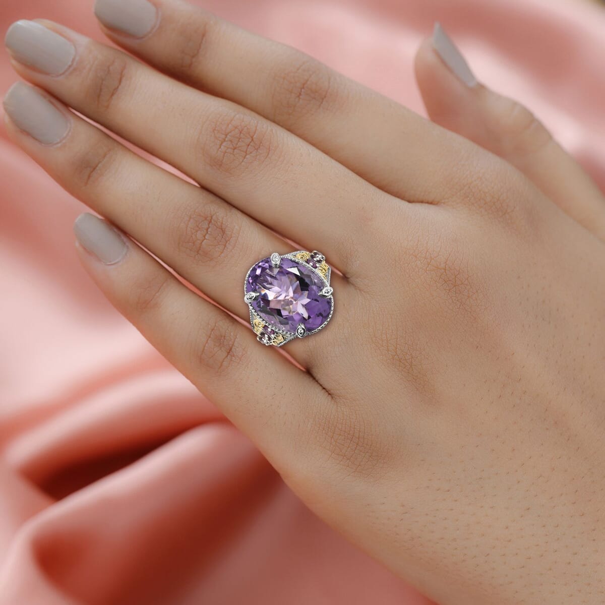 Rose De France Amethyst and Orissa Rhodolite Garnet Ring in Vermeil YG and Platinum Over Sterling Silver 15.90 ctw image number 2