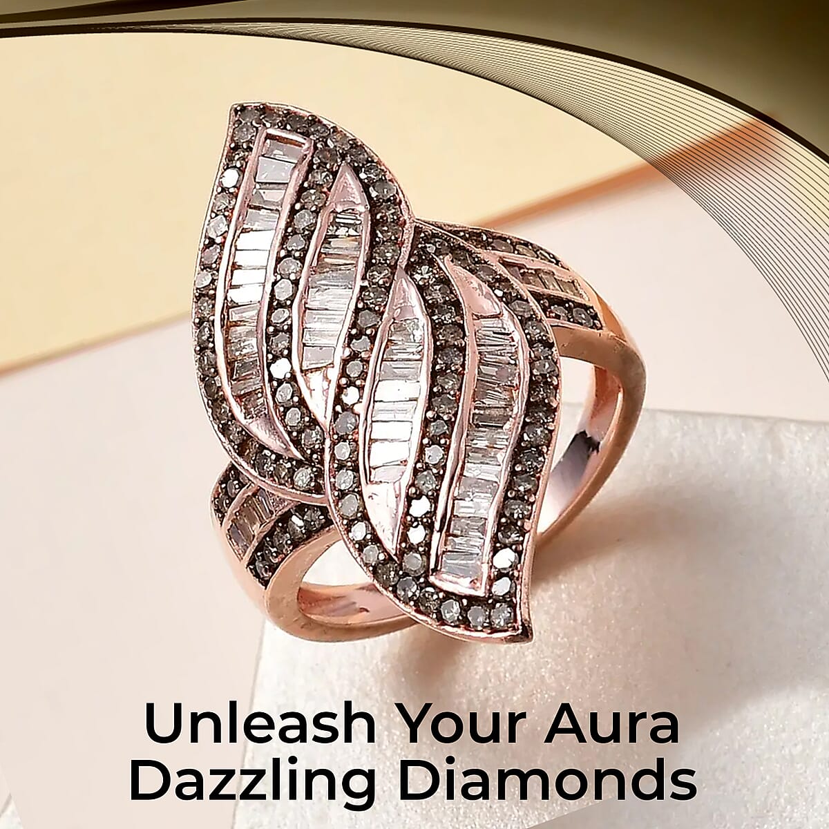 Natural Champagne Diamond Ring , Champagne Diamond Sea Waves Ring , Vermeil Rose Gold Over Sterling Silver Ring , Fashion Ring 1.50 ctw image number 1