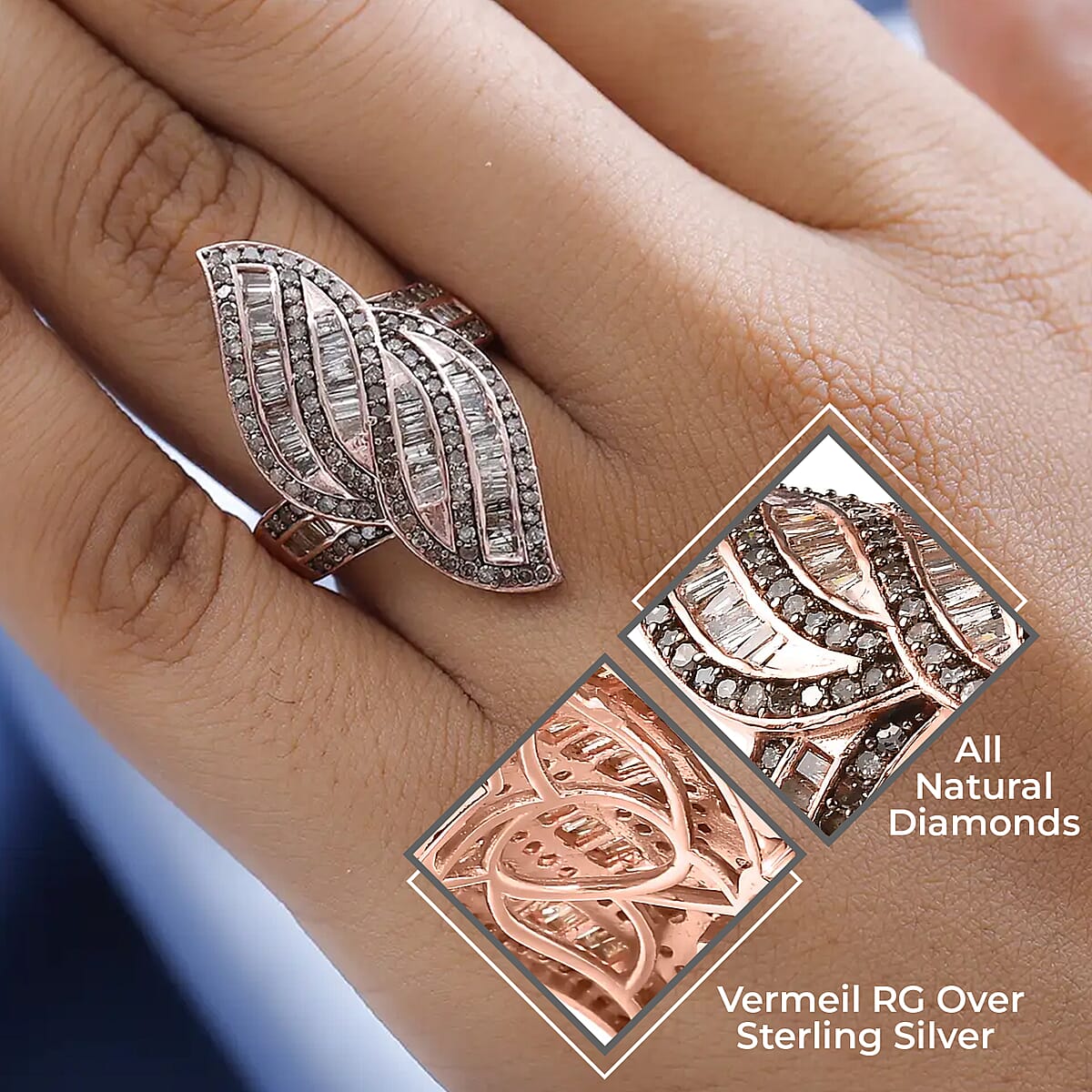 Natural Champagne Diamond Ring , Champagne Diamond Sea Waves Ring , Vermeil Rose Gold Over Sterling Silver Ring , Fashion Ring 1.50 ctw image number 2