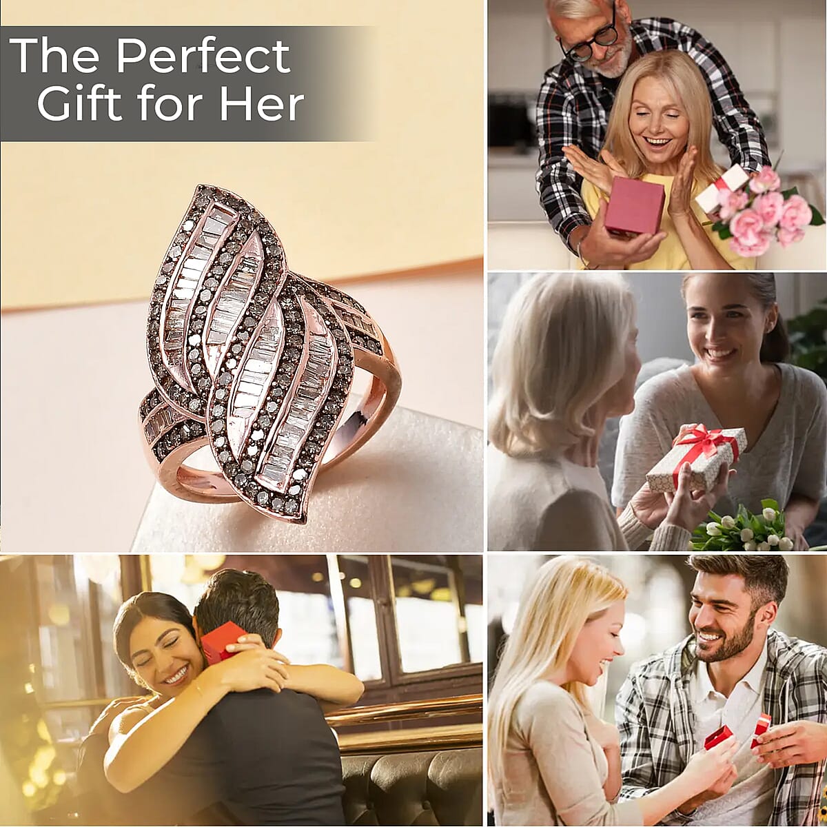 Natural Champagne Diamond Ring , Champagne Diamond Sea Waves Ring , Vermeil Rose Gold Over Sterling Silver Ring , Fashion Ring 1.50 ctw image number 3