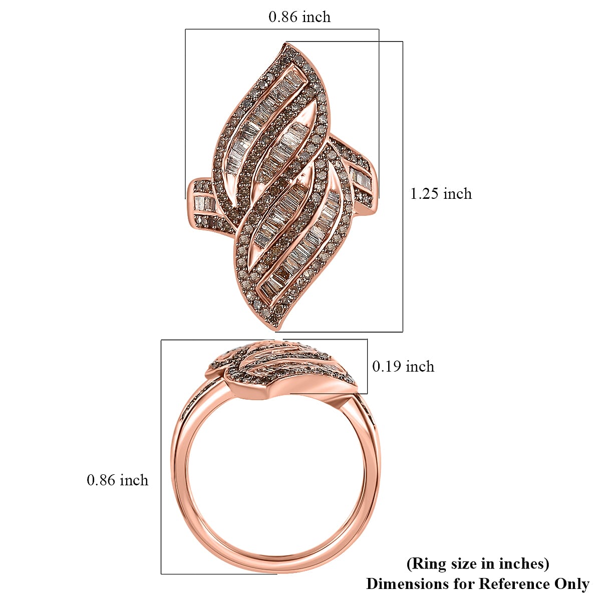 Natural Champagne Diamond Ring , Champagne Diamond Sea Waves Ring , Vermeil Rose Gold Over Sterling Silver Ring , Fashion Ring 1.50 ctw image number 6