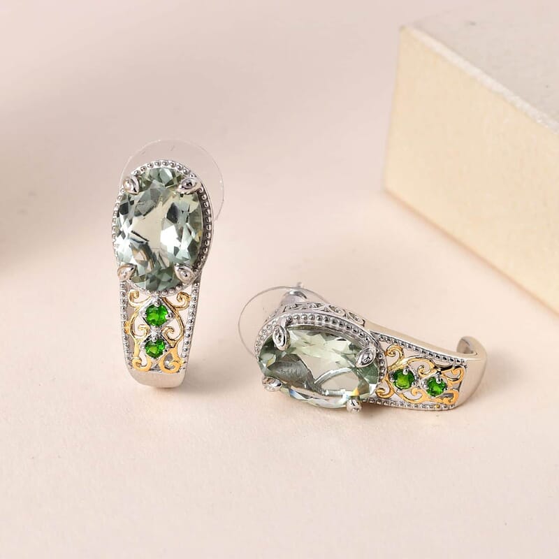 Montezuma Prasiolite J-Hoop Earrings, Prasiolite Earrings, Chrome Diopside Accent Earrings, Vermeil YG and Platinum Over Sterling Silver Earrings 10.90 ctw
