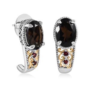 Brazilian Smoky Quartz J-Hoop Earrings, Smoky Quartz Earrings,  Anthill Garnet Accent Earrings, Vermeil YG and Platinum Over Sterling Silver Earrings 11.40 ctw