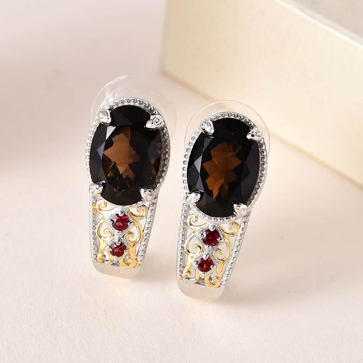 Brazilian Smoky Quartz J-Hoop Earrings, Smoky Quartz Earrings,  Anthill Garnet Accent Earrings, Vermeil YG and Platinum Over Sterling Silver Earrings 11.40 ctw image number 1