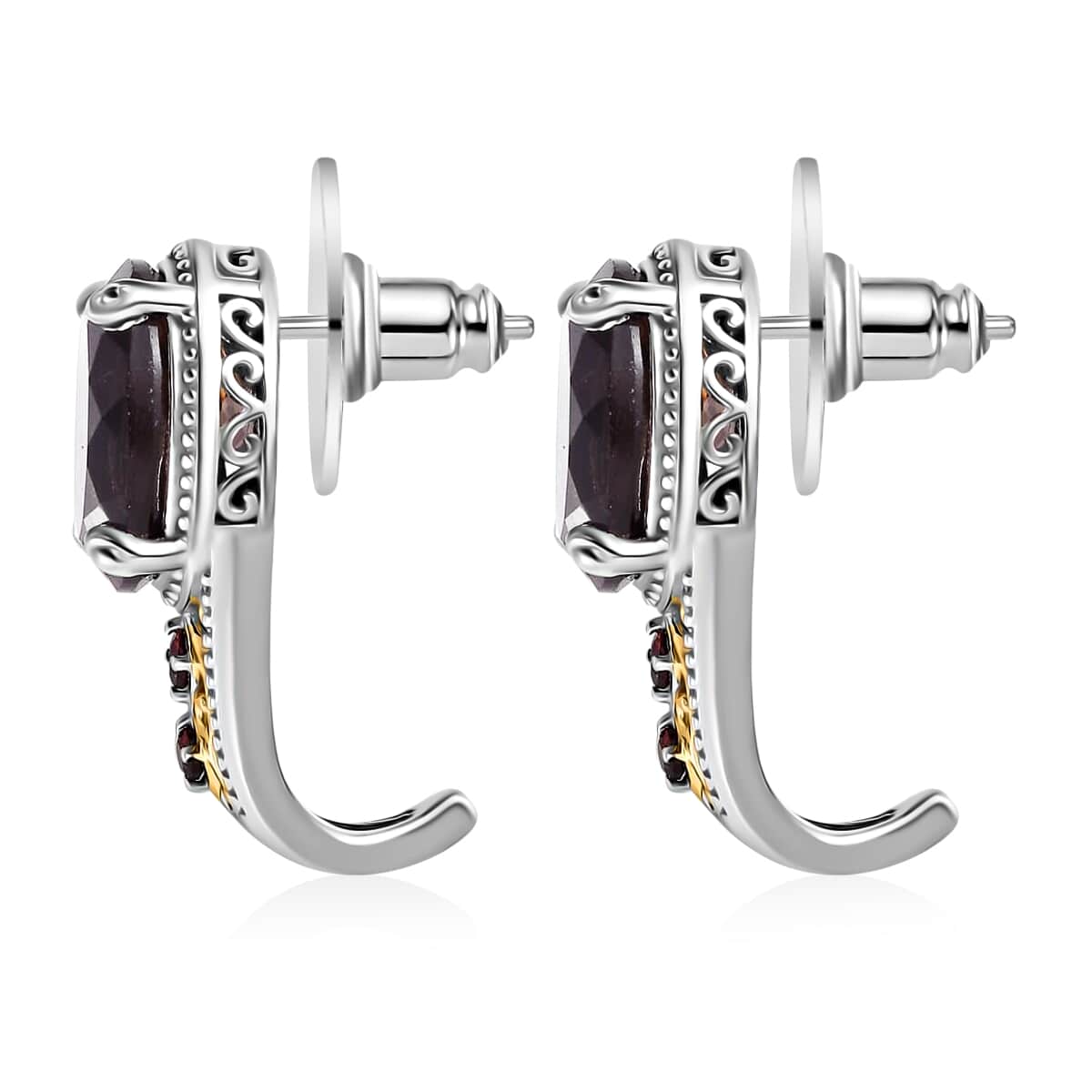 Brazilian Smoky Quartz J-Hoop Earrings, Smoky Quartz Earrings,  Anthill Garnet Accent Earrings, Vermeil YG and Platinum Over Sterling Silver Earrings 11.40 ctw image number 3