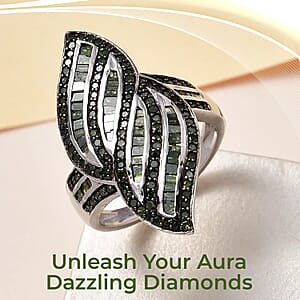 Green Diamond Ring , Green Diamond Sea Waves Ring , Platinum Over Sterling Silver Ring , Fashion Ring 1.50 ctw
