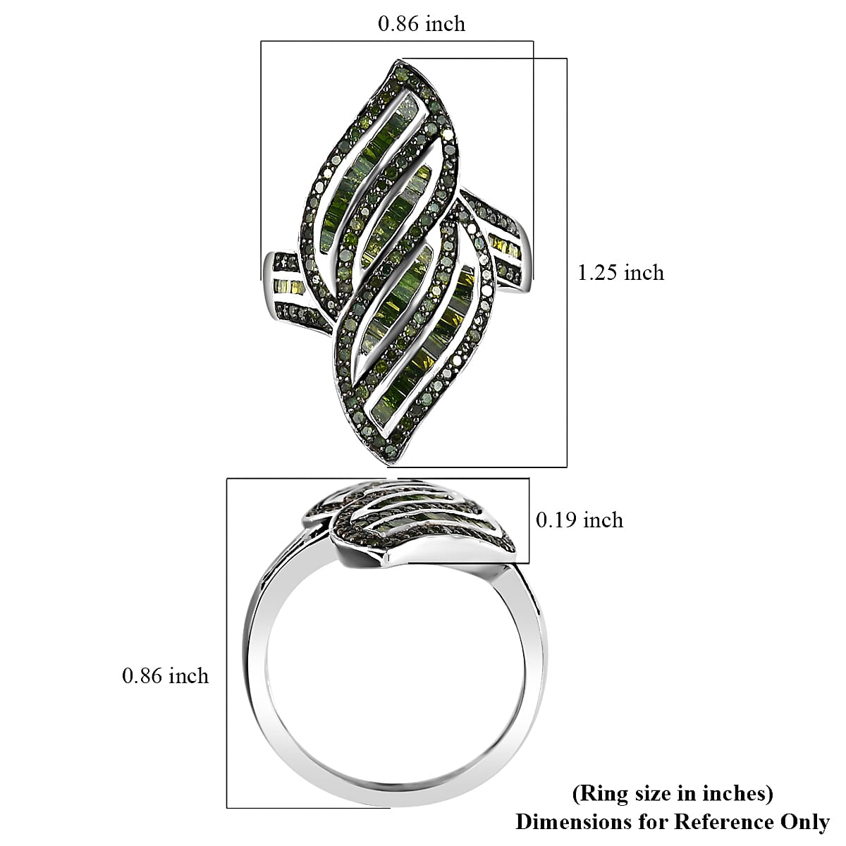 Green Diamond Ring , Green Diamond Sea Waves Ring , Platinum Over Sterling Silver Ring , Fashion Ring 1.50 ctw image number 6
