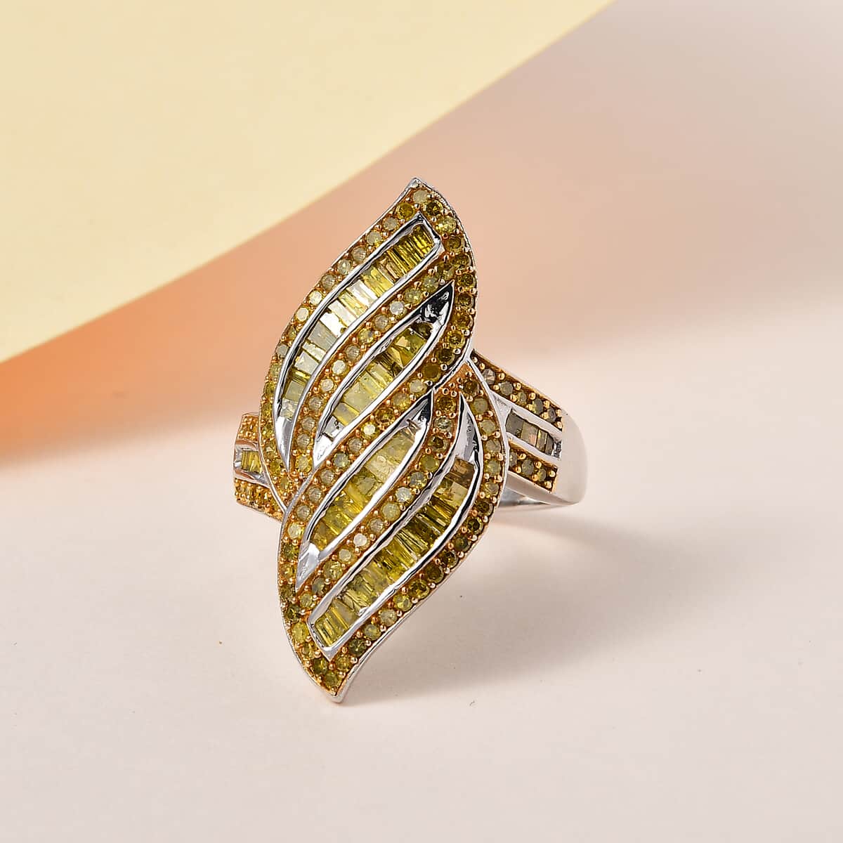 Yellow Diamond Ring | Yellow Diamond Sea Waves Ring | Platinum Over Sterling Silver Ring | Fashion Ring 1.50 ctw image number 1