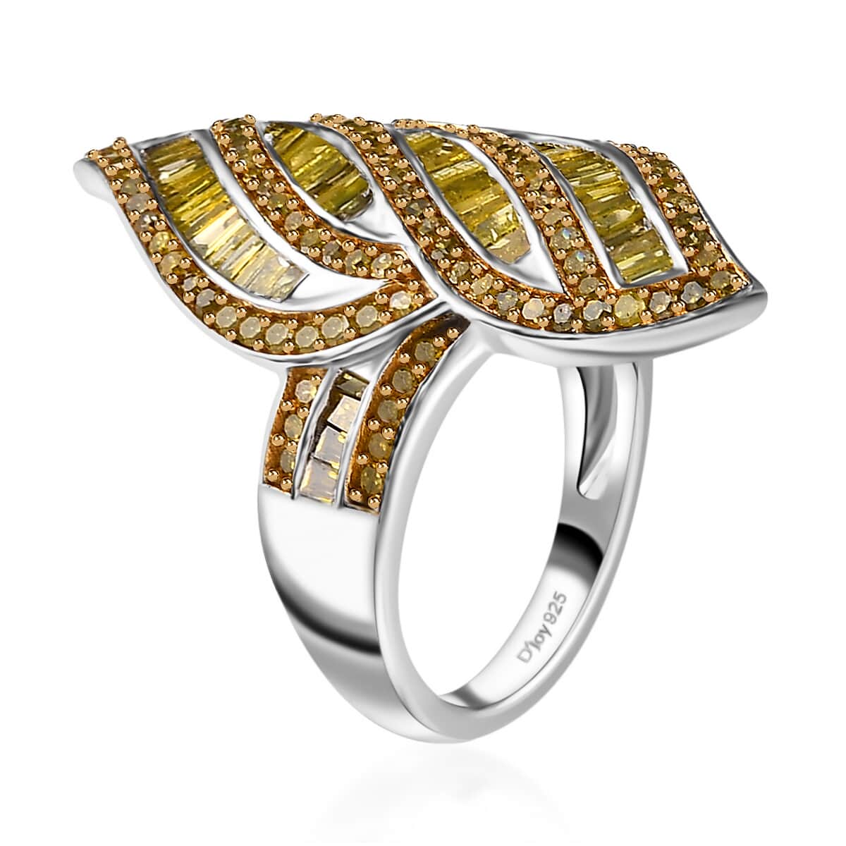 Yellow Diamond Ring | Yellow Diamond Sea Waves Ring | Platinum Over Sterling Silver Ring | Fashion Ring 1.50 ctw image number 3