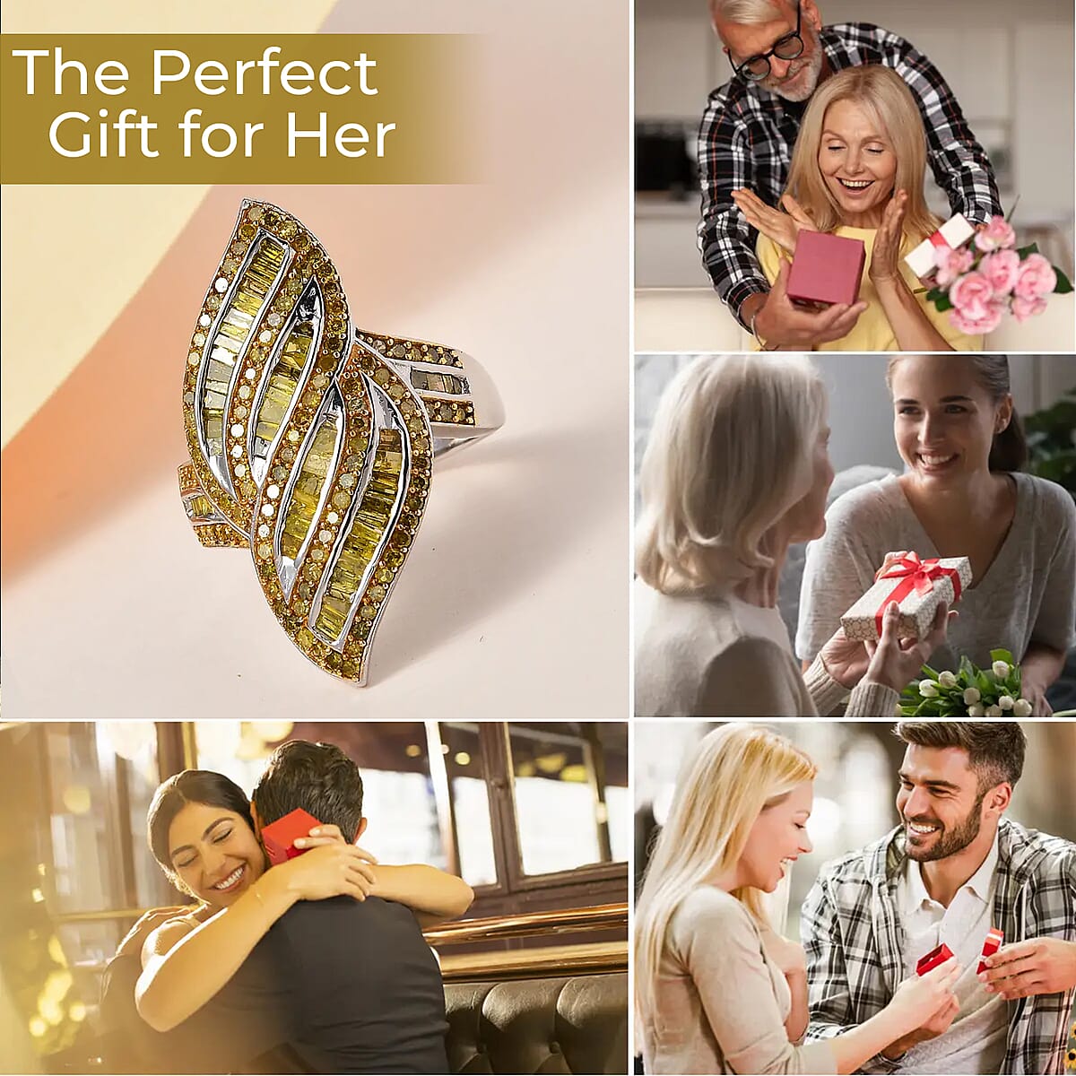 Yellow Diamond 1.50 ctw Ring, Yellow Diamond Sea Waves Ring, Platinum Over Sterling Silver Ring, Fashion Ring (Size 7.00) image number 3