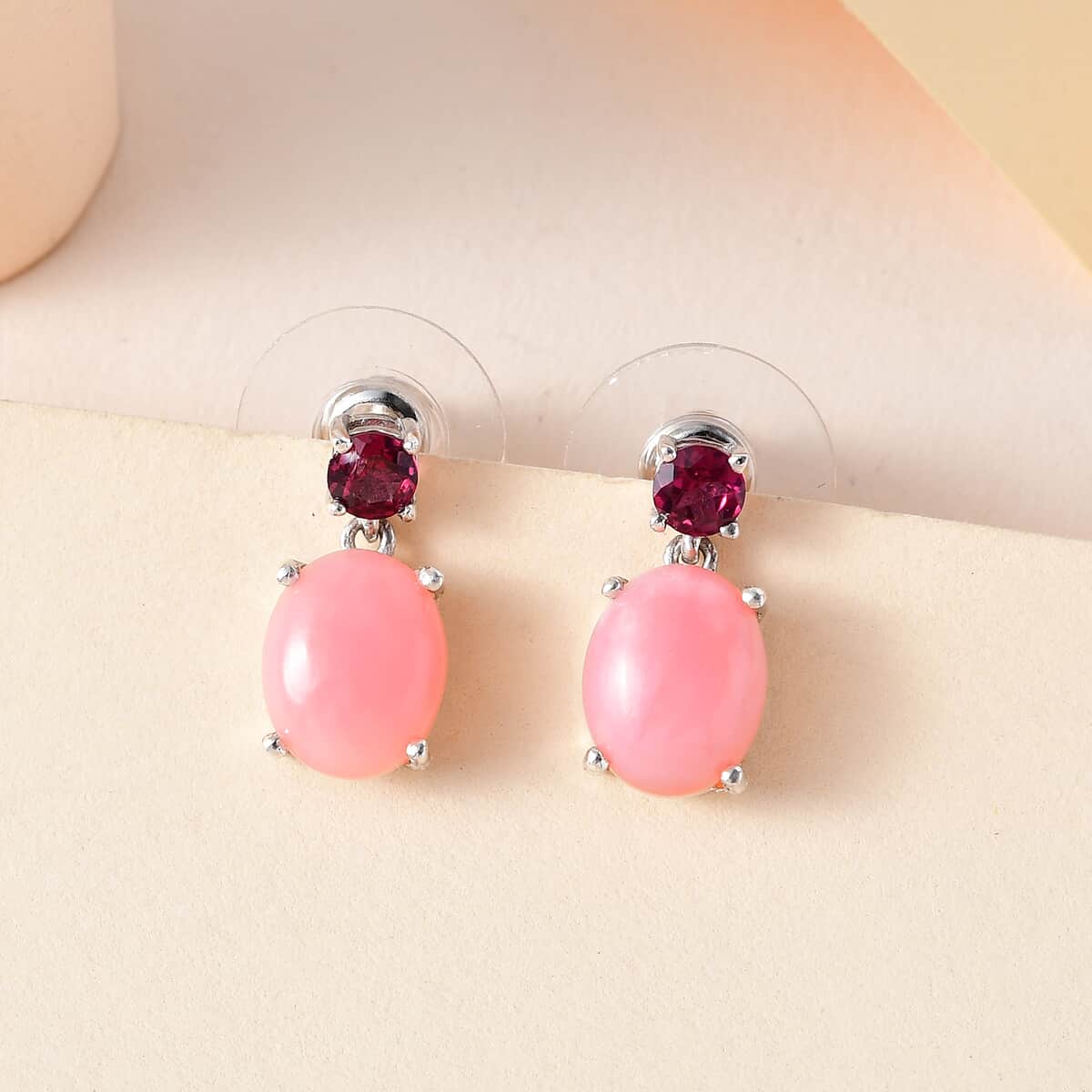 Premium Peruvian Pink Opal and Orissa Rhodolite Garnet Drop Earrings in Platinum Over Sterling Silver 5.00 ctw image number 1