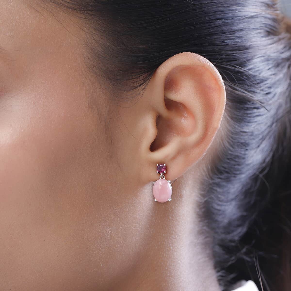 Premium Peruvian Pink Opal and Orissa Rhodolite Garnet Drop Earrings in Platinum Over Sterling Silver 5.00 ctw image number 2