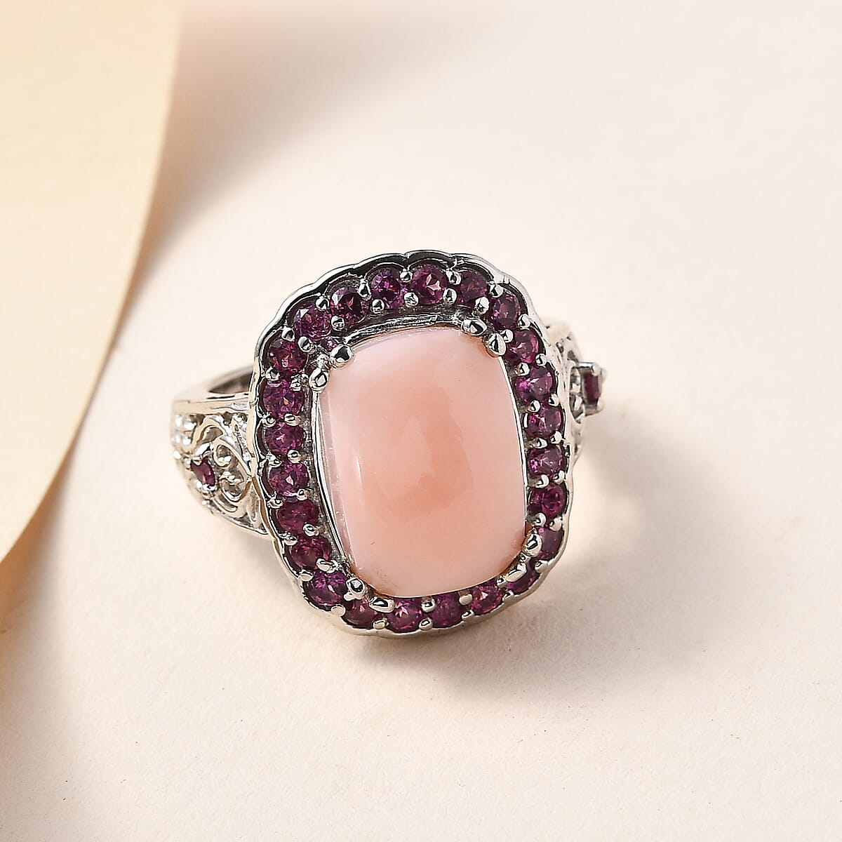 Peruvian Peruvian Pink Opal and Orissa Rhodolite Garnet Halo Ring in Platinum Over Sterling 6.40 ctw image number 1