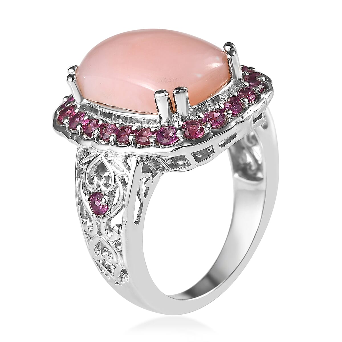 Peruvian Peruvian Pink Opal and Orissa Rhodolite Garnet Halo Ring in Platinum Over Sterling 6.40 ctw image number 3