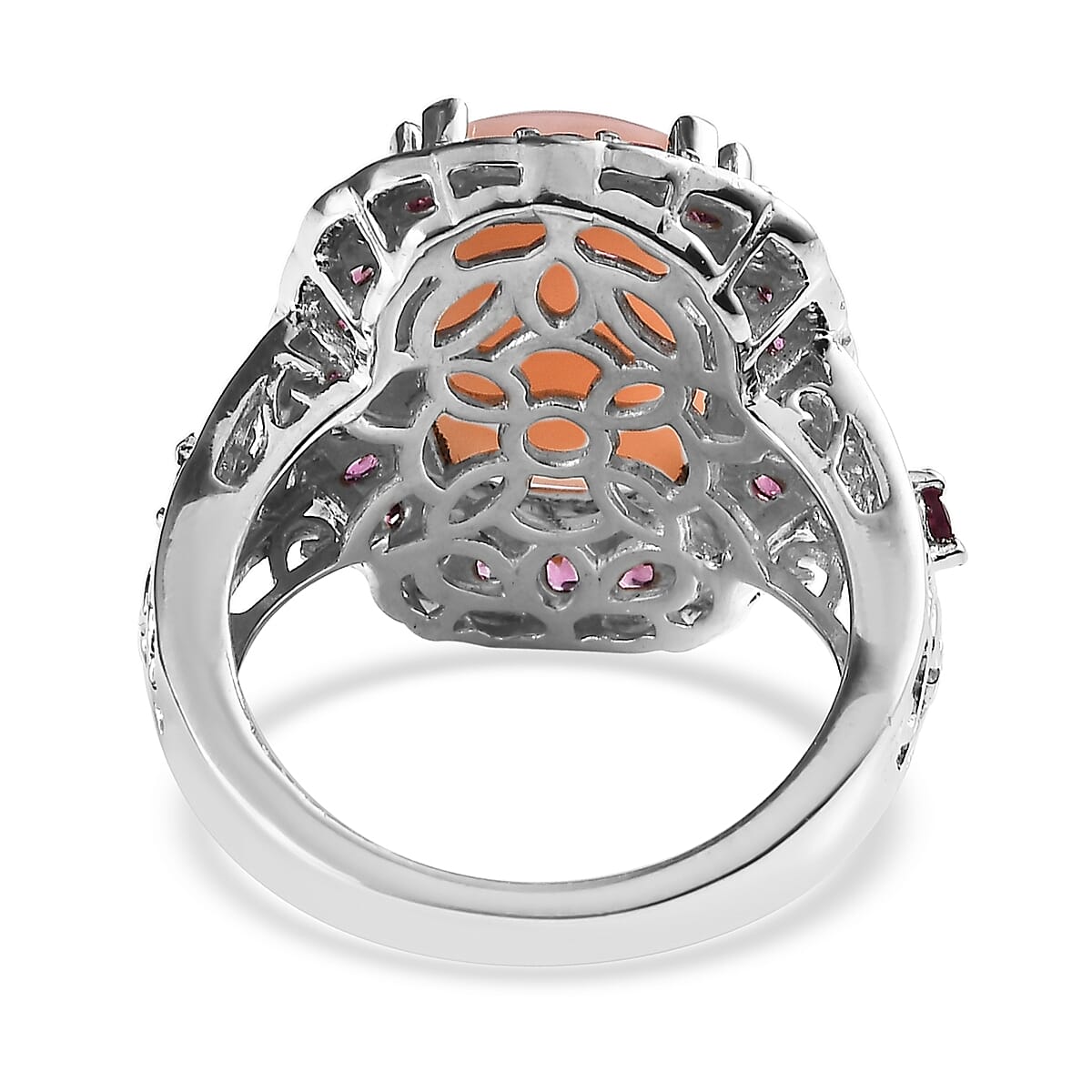 Peruvian Peruvian Pink Opal and Orissa Rhodolite Garnet Halo Ring in Platinum Over Sterling 6.40 ctw image number 4