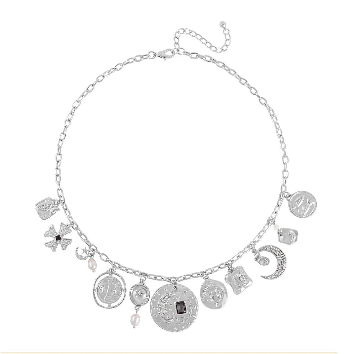 Freshwater Cultured Pearl and Multi Gemstone Celestial Charm Necklace 20-22 Inches in Silvertone image number 0