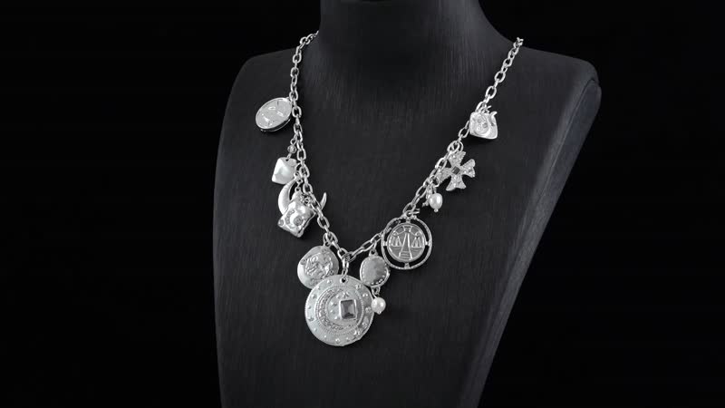 Freshwater Cultured Pearl and Multi Gemstone Celestial Charm Necklace 20-22 Inches in Silvertone