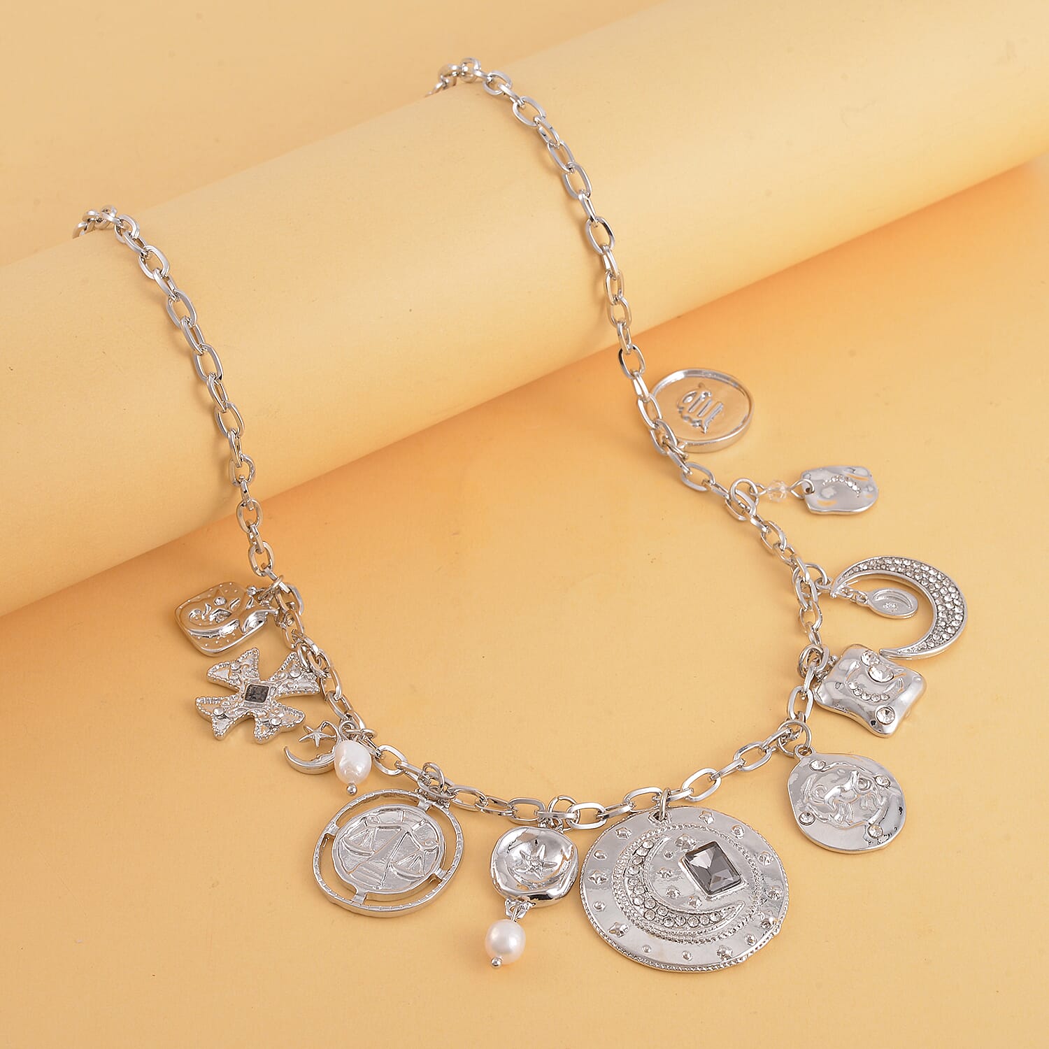 Freshwater Cultured Pearl and Multi Gemstone Celestial Charm Necklace in Silvertone 20-22 Inches