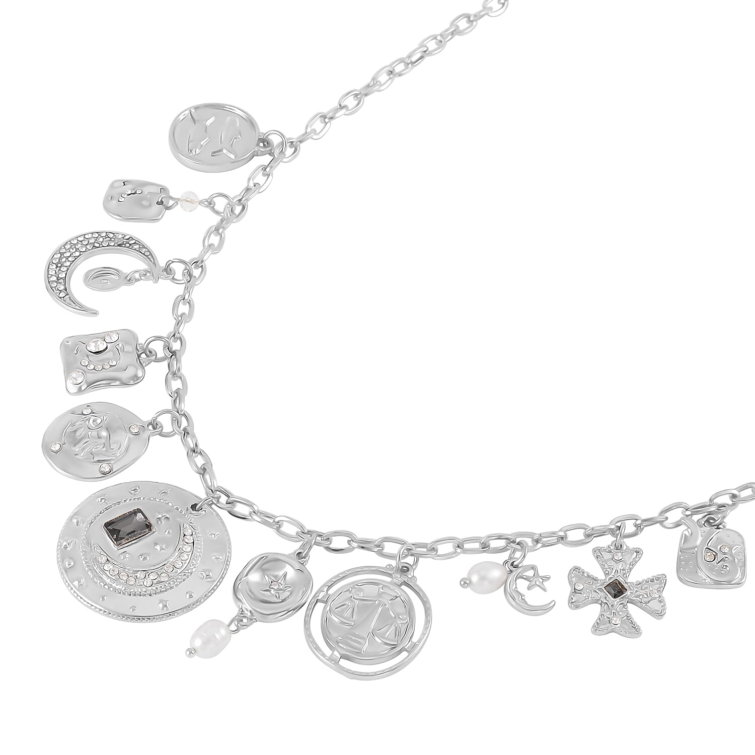 Freshwater Cultured Pearl and Multi Gemstone Celestial Charm Necklace in Silvertone 20-22 Inches