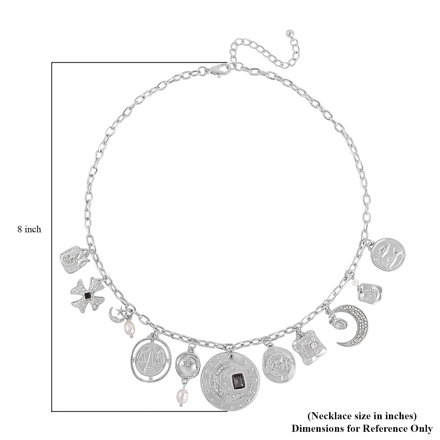 Freshwater Cultured Pearl and Multi Gemstone Celestial Charm Necklace in Silvertone 20-22 Inches