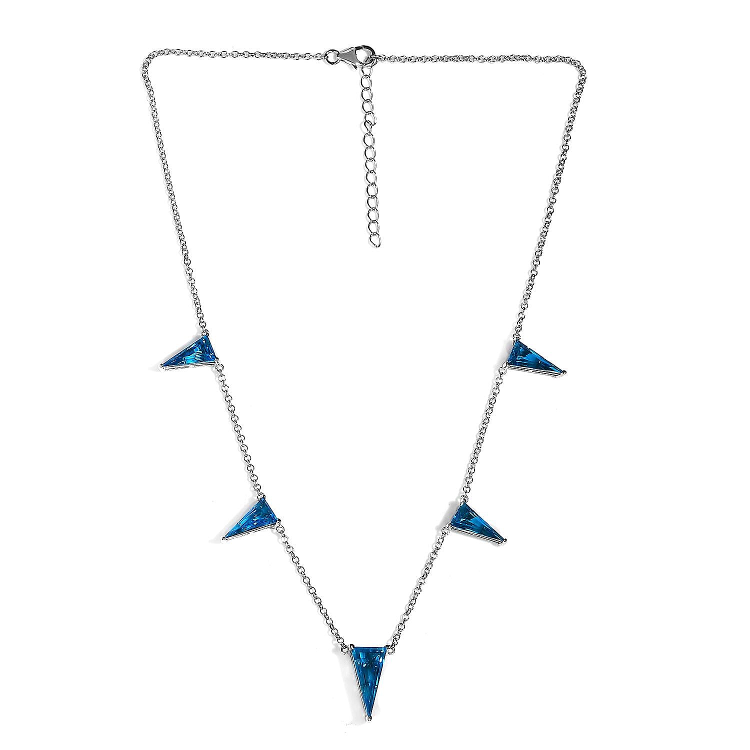 Caribbean Quartz (Triplet) Triangle Shape Station Necklace 18 Inches in Platinum Over Sterling Silver 14.25 ctw