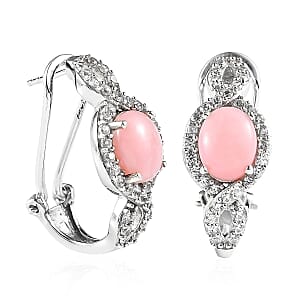 Premium Peruvian Pink Opal and White Zircon Omega Clip Earrings in Platinum Over Sterling Silver 4.50 ctw