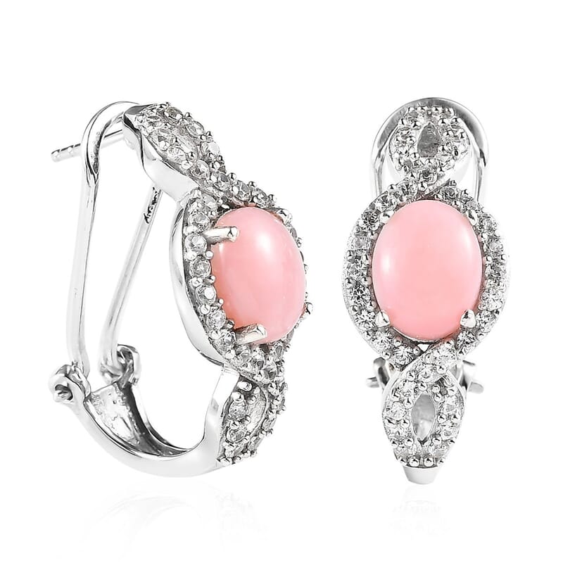 D'Joy Premium Peruvian Pink Opal and White Zircon Omega Clip Earrings in Platinum Over Sterling Silver 4.50 ctw