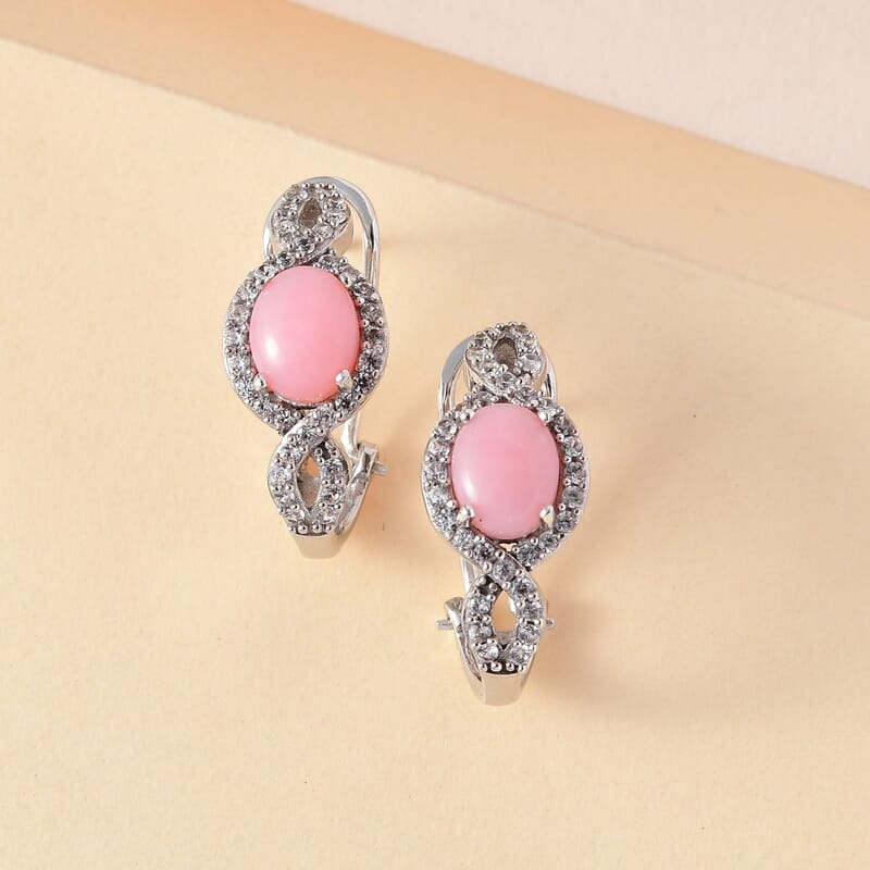 D'Joy Premium Peruvian Pink Opal and White Zircon Omega Clip Earrings in Platinum Over Sterling Silver 4.50 ctw