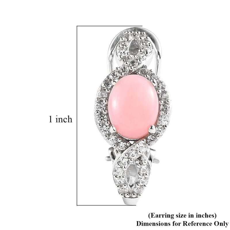 D'Joy Premium Peruvian Pink Opal and White Zircon Omega Clip Earrings in Platinum Over Sterling Silver 4.50 ctw
