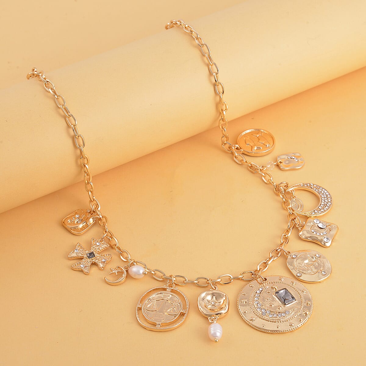 Freshwater Cultured Pearl and Multi Gemstone Celestial Charm Necklace in Goldtone 20-22 Inches image number 1