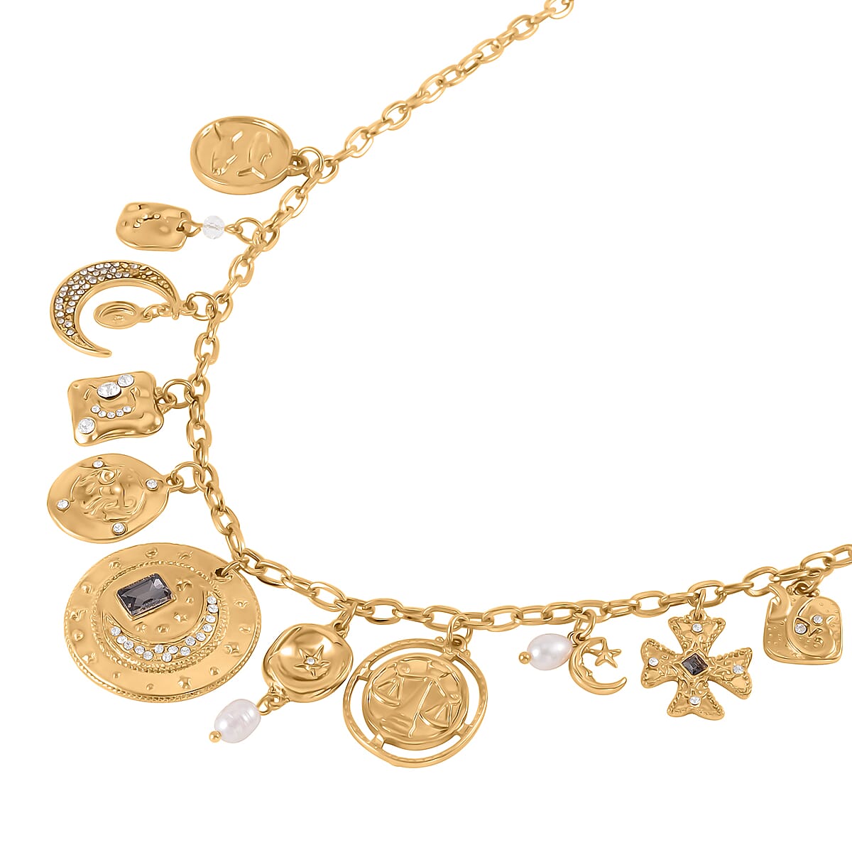 Freshwater Cultured Pearl and Multi Gemstone Celestial Charm Necklace in Goldtone 20-22 Inches image number 2