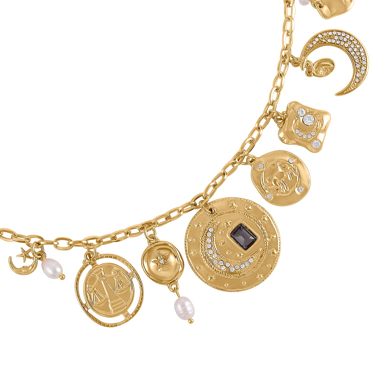 Freshwater Cultured Pearl and Multi Gemstone Celestial Charm Necklace in Goldtone 20-22 Inches image number 3