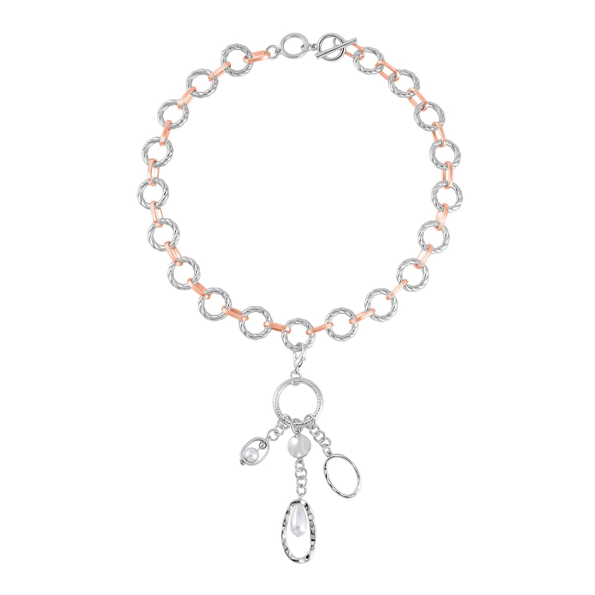 Simulated Pearl Cable Chain Necklace 24-25 Inches with Charm in Silvertone and Rosetone image number 0