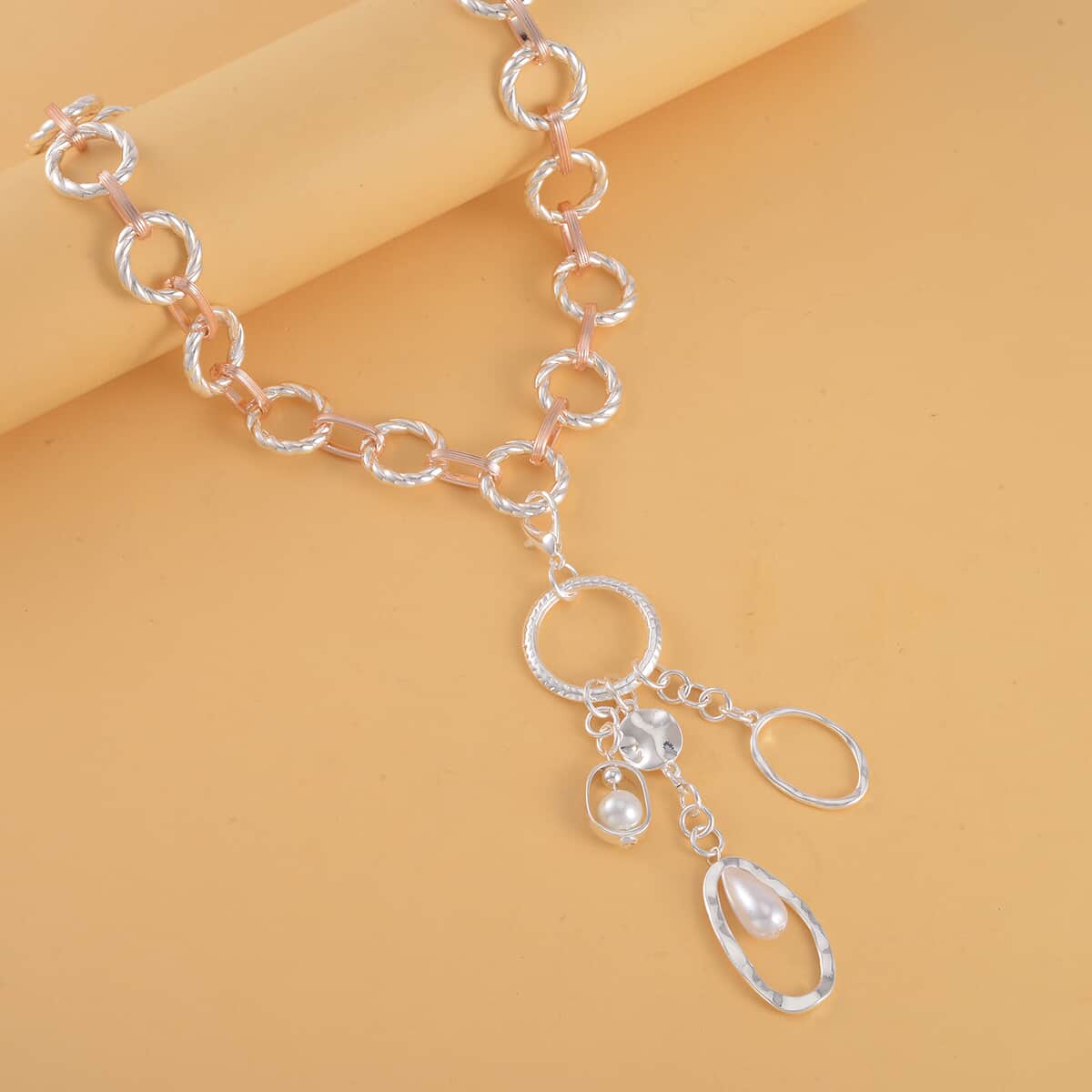 Simulated Pearl Cable Chain Necklace 24-25 Inches with Charm in Silvertone and Rosetone image number 1