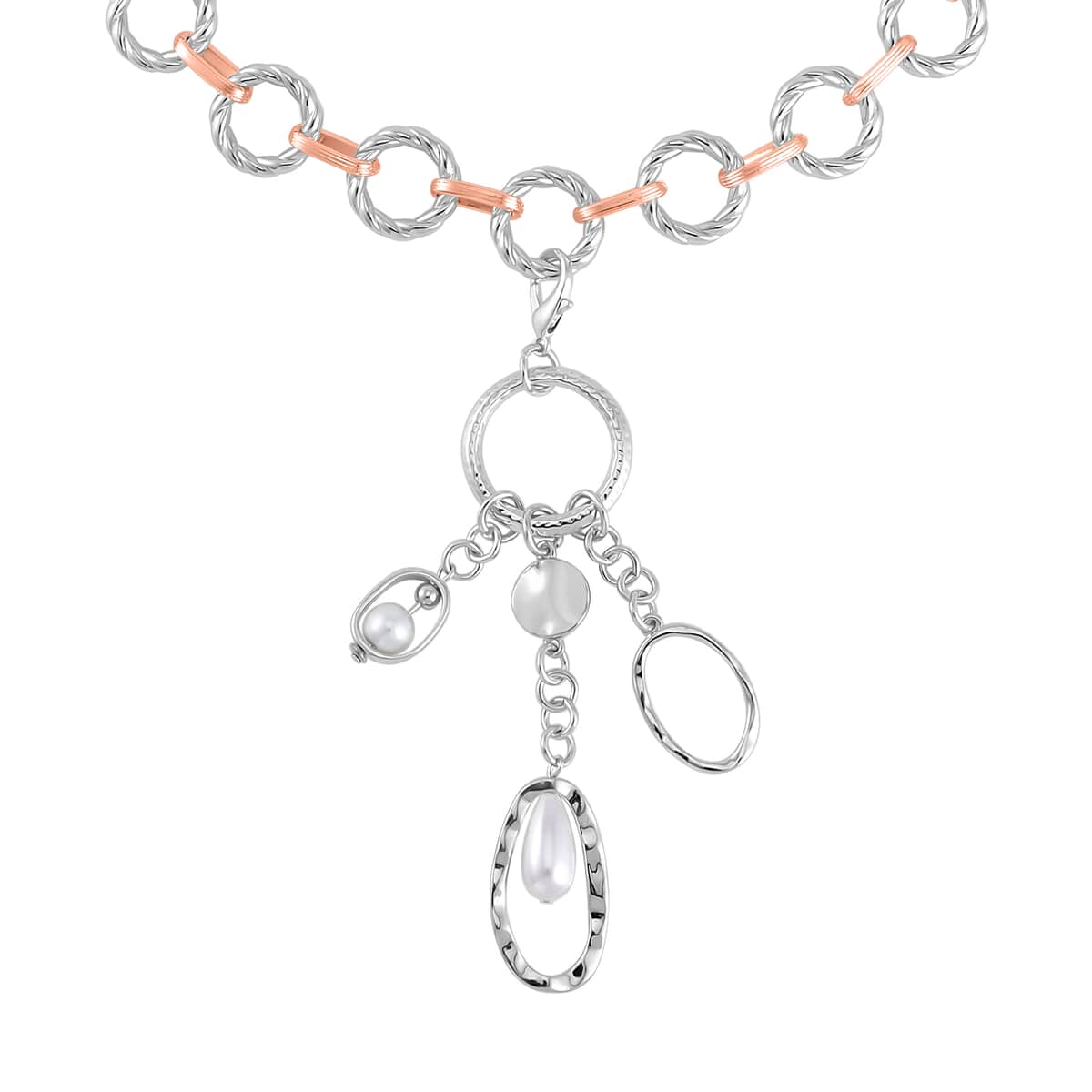 Simulated Pearl Cable Chain Necklace 24-25 Inches with Charm in Silvertone and Rosetone image number 2