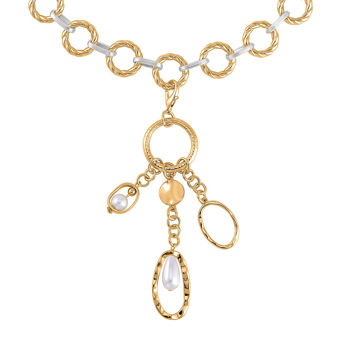 Simulated Pearl Cable Chain Necklace with Charm in Silvertone and Goldtone 24-25 Inches image number 2