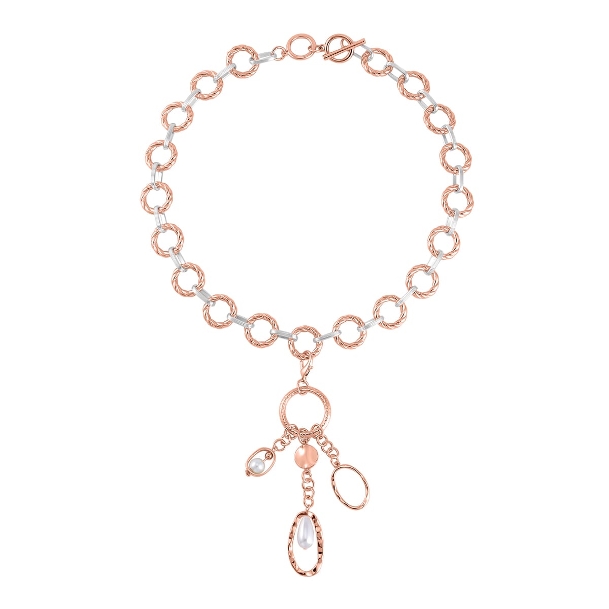 Simulated Pearl Cable Chain Necklace with Charm in Silvertone & Rosetone 24-25 Inches image number 0