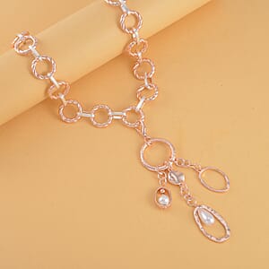 Simulated Pearl Cable Chain Necklace with Charm in Silvertone & Rosetone 24-25 Inches