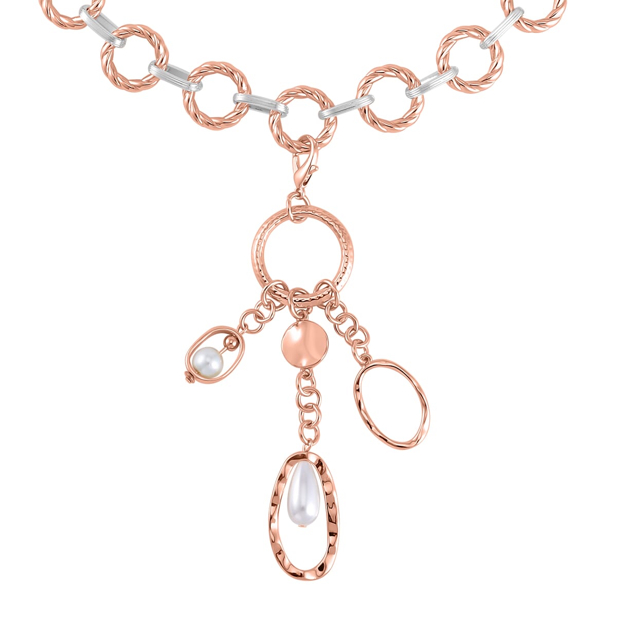 Simulated Pearl Cable Chain Necklace with Charm in Silvertone & Rosetone 24-25 Inches image number 2