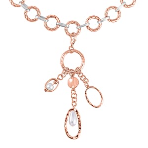 Simulated Pearl Cable Chain Necklace with Charm in Silvertone & Rosetone 24-25 Inches