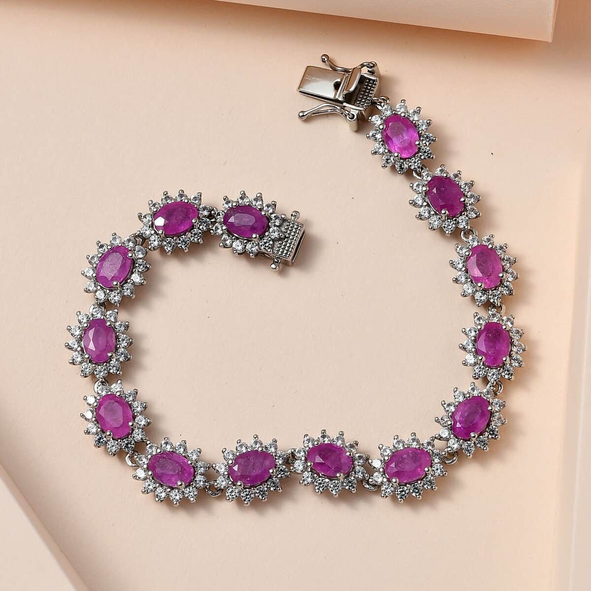 Ilakaka Hot Pink Sapphire (FF) and White Zircon Bracelet in Platinum Over Sterling Silver (7.25 In) 25.75 ctw image number 1