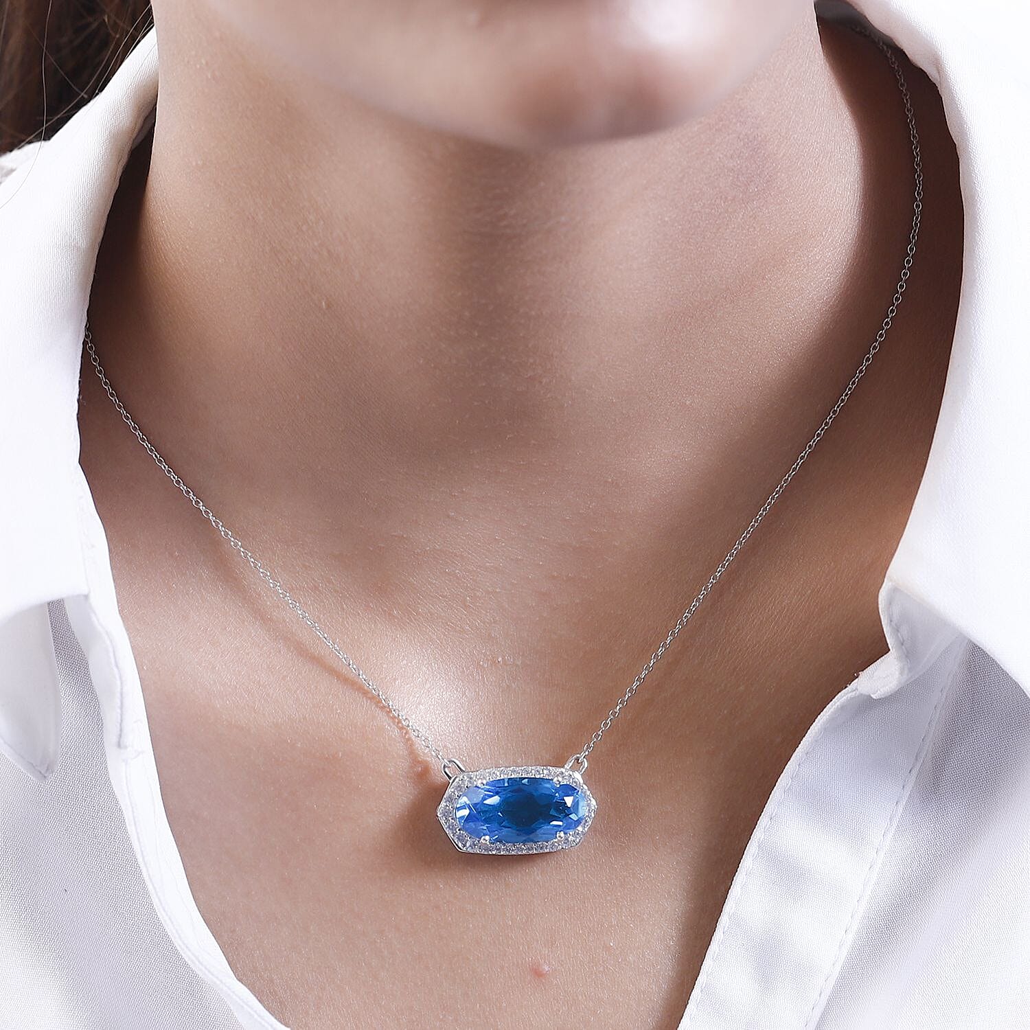Caribbean Quartz (Triplet) and White Zircon Necklace 18 Inches in Platinum Over Sterling Silver 11.00 ctw