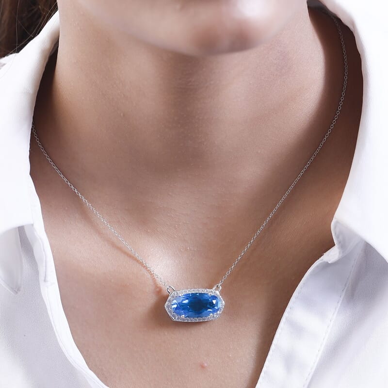 Caribbean Quartz (Triplet) and White Zircon Necklace 18 Inches in Platinum Over Sterling Silver 11.00 ctw
