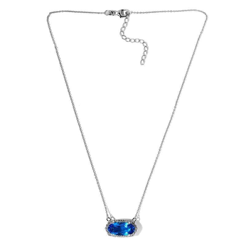 Caribbean Quartz (Triplet) and White Zircon Necklace 18 Inches in Platinum Over Sterling Silver 11.00 ctw