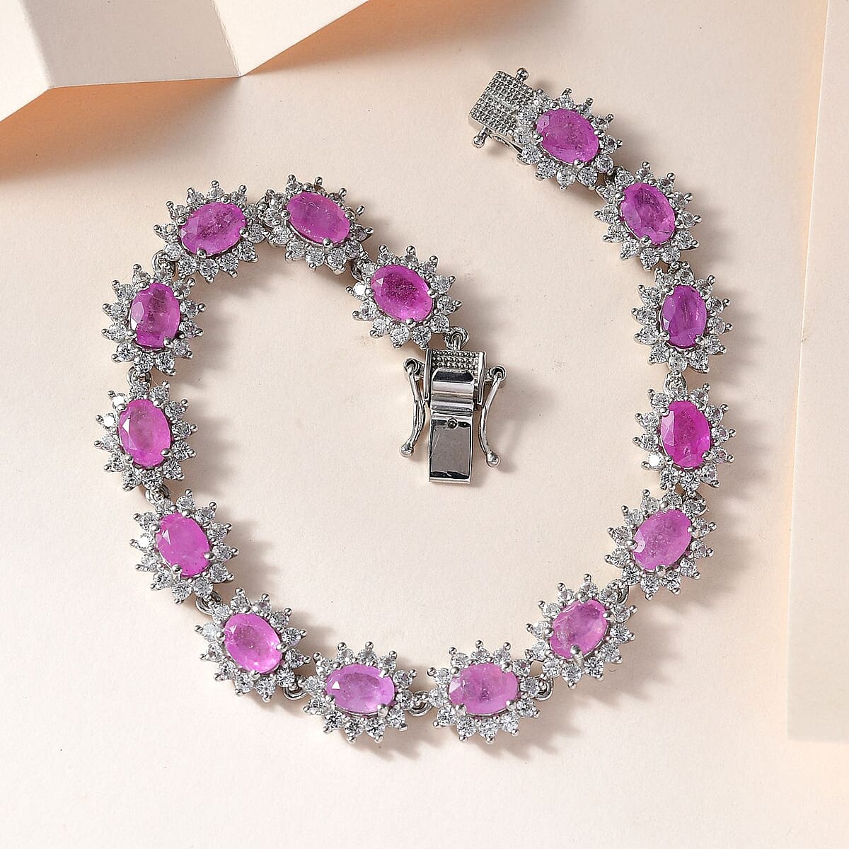 Ilakaka Hot Pink Sapphire (FF) and White Zircon Bracelet in Platinum Over Sterling Silver (8.00 In) 26.25 ctw image number 1