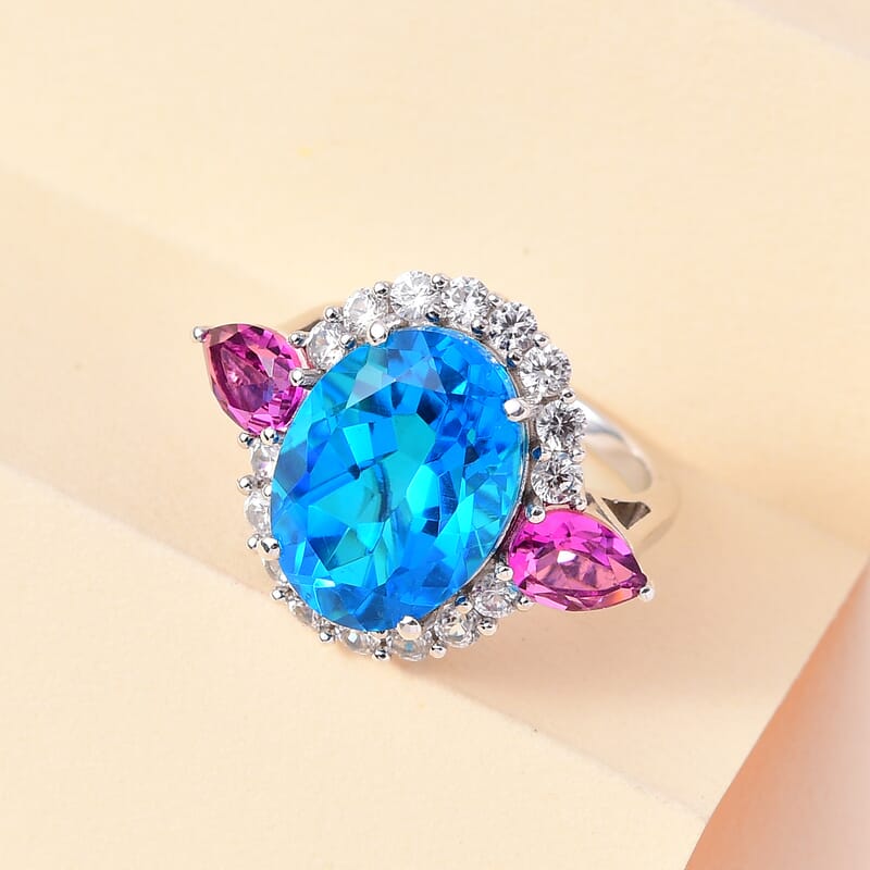 Caribbean Quartz (Triplet) and Multi Gemstone Ring in Platinum Over Sterling Silver (Size 10.0) 13.15 ctw