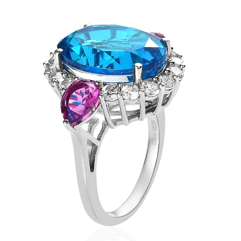 Caribbean Quartz (Triplet) and Multi Gemstone Ring in Platinum Over Sterling Silver (Size 10.0) 13.15 ctw